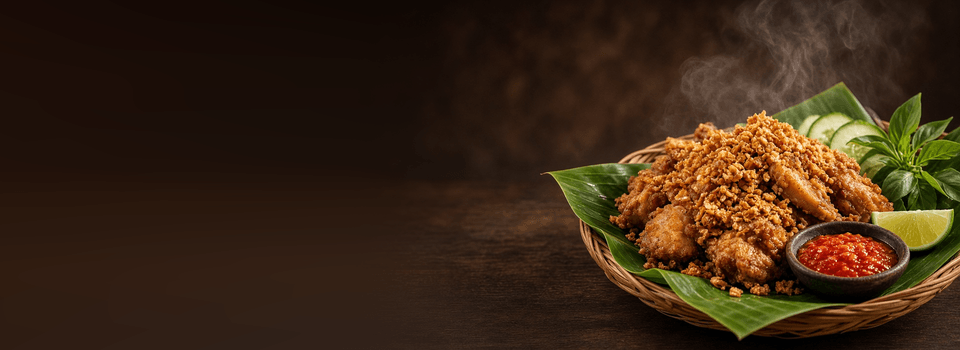 Tampah berisi ayam goreng bertabur bawang putih goreng, sambal, timun, kemangi, dan jeruk nipis di atas daun pisang