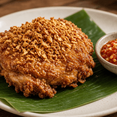 Sepotong ayam goreng bertabur bawang putih goreng di atas daun pisang, dengan sambal