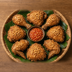 Tampah berisi 8 potong ayam goreng bawang putih mengelilingi semangkuk sambal di tengah